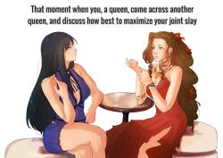 Rule 34 | 2girls, absurdres, aerith gainsborough, bare shoulders, breasts, brown hair, cleavage, commentary, crossed legs, dress, english text, eye contact, final fantasy, final fantasy vii, final fantasy vii remake, green eyes, highres, jewelry, long hair, looking at another, meme, multiple girls, multiple necklaces, necklace, origussy, parted lips, purple dress, red dress, side slit, simple background, sitting, smile, star (symbol), star necklace, table, teeth, tifa lockhart, white background