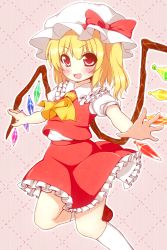Rule 34 | 1girl, ascot, bad id, bad pixiv id, blonde hair, blush, bow, fang, female focus, flandre scarlet, hat, hat bow, inanosuke, kneehighs, open mouth, outstretched arms, outstretched hand, pink background, red eyes, short hair, side ponytail, skirt, skirt set, smile, socks, solo, touhou, white socks, wings