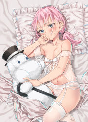 Rule 34 | 1girl, absurdres, agnamore, areola slip, babydoll, bad id, bad pixiv id, bare shoulders, bed sheet, black hat, blue eyes, blush, breasts, cane, closed mouth, collarbone, commentary request, fingernails, frilled pillow, frills, garter belt, hat, highres, long hair, low twintails, lying, moomin, moomintroll, nail polish, on side, original, panties, pillow, pink hair, pink nails, see-through, sidelocks, small breasts, solo, stuffed animal, stuffed toy, thighhighs, twintails, underwear, white panties, white thighhighs