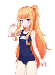 Rule 34 | 1girl, absurdres, arm up, avant garde (artist), bad id, bad pixiv id, blonde hair, blue eyes, blue one-piece swimsuit, breasts, covered navel, eyebrows, gabriel dropout, gabriel tenma white, highres, long hair, one-piece swimsuit, ponytail, school swimsuit, simple background, small breasts, solo, swimsuit, thighs, v, very long hair, white background
