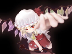 Rule 34 | 1girl, ascot, bad id, bad pixiv id, black background, blonde hair, blouse, blurry, bow, collared shirt, commentary request, depth of field, dress, facing viewer, flandre scarlet, foreshortening, frilled dress, frilled hat, frilled shirt, frilled skirt, frilled sleeves, frills, fujishiki (fujishikiya), hair between eyes, hair over eyes, hat, hat bow, hat ribbon, holding, kneeling, laevatein, leaning forward, looking at viewer, mob cap, no shoes, open mouth, outstretched arm, outstretched hand, puffy sleeves, reaching, reaching towards viewer, red dress, red eyes, red shirt, red skirt, ribbon, shirt, short sleeves, side ponytail, skirt, skirt set, socks, solo, torn clothes, touhou, white hat, wings