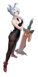 Rule 34 | 1girl, absurdres, animal ears, arms under breasts, bare shoulders, battle bunny riven, breasts, cleavage, crossed arms, detached collar, fake animal ears, folded ponytail, full body, highres, large breasts, league of legends, leotard, necktie, official alternate costume, pantyhose, playboy bunny, rabbit ears, rabbit tail, red eyes, riven (league of legends), short hair, smile, solo, standing, tail, weapon, white background, white hair, wrist cuffs, zhengwei (nobber)