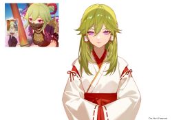 Rule 34 | 1girl, breasts, clothing request, commentary, crossed bangs, detached sleeves, expressionless, genshin impact, gold trim, green hair, hair between eyes, hair flaps, hair over shoulder, hair tubes, hands in opposite sleeves, highres, japanese clothes, jesse (pixiv34586727), kimono, kuki shinobu, long hair, looking at viewer, medium breasts, obi, purple eyes, red ribbon, reference inset, ribbon, sash, screencap-referenced, screenshot inset, simple background, sleeve bow, sleeves past fingers, sleeves past wrists, slit pupils, solo, standing, swept bangs, upper body, white background, wide sleeves