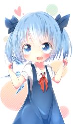 Rule 34 | 1girl, akisha, alternate hairstyle, bad id, bad pixiv id, blue eyes, blue hair, blush, bow, cirno, fang, hair bow, heart, highres, ice, matching hair/eyes, open mouth, short hair, smile, solo, touhou, twintails, wings