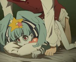 Rule 34 | 10s, 1boy, 1girl, aliasing, ass, bed, bed sheet, blunt bangs, clothed sex, clothes lift, commentary request, doggystyle, green hair, hair ornament, hair ribbon, hetero, hoshikawa lily, long sleeves, necrophilia, oekaki, open mouth, pillow, red eyes, ribbon, school uniform, sex, sex from behind, shirt, skirt, skirt lift, solo focus, star (symbol), star hair ornament, tatsumi koutarou, tomu (tomubobu), zombie, zombie land saga