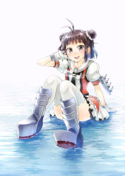 Rule 34 | 1girl, :d, adjusting hair, antenna hair, arm support, armored boots, black neckerchief, blush, boots, brown eyes, brown hair, double bun, gloves, hair bun, hand on own face, kantai collection, kou1, light blush, naka (kancolle), naka kai ni (kancolle), neckerchief, ocean, on water, open mouth, raised eyebrows, school uniform, serafuku, simple background, sitting, smile, solo, thighhighs, turret, white background, white gloves