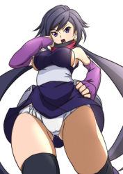 Rule 34 | 10s, 1girl, ayame (gundam build divers), bare shoulders, black hair, black thighhighs, breasts, elbow gloves, from above, from below, gloves, gluteal fold, gundam, gundam build divers, half mask, hand on own hip, hip armor, japanese clothes, kimono, large breasts, long hair, looking at viewer, mask, mask pull, moke ro, mouth mask, ninja, ninja mask, open mouth, panties, pantyshot, purple gloves, red scarf, sash, scarf, short kimono, sideboob, thighhighs, thighs, underwear, white background, white panties