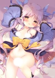 Rule 34 | 1girl, arms up, bed sheet, blue kimono, blue ribbon, blush, bow, breasts, brown eyes, censored, censored nipples, commentary request, frilled sleeves, frills, groin, hair ribbon, japanese clothes, kimono, knee up, kyoka (princess connect!), light censor, long hair, long sleeves, lying, naked kimono, navel, no bra, no panties, on back, open clothes, open kimono, parted lips, pointy ears, princess connect!, purple hair, ribbon, shiratama (shiratamaco), signature, sleeves past wrists, small breasts, solo, twintails, very long hair, wide sleeves, yellow bow