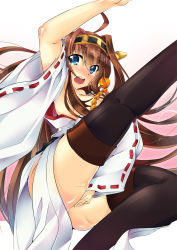Rule 34 | 10s, 1girl, ahoge, bare shoulders, blush, boots, brown hair, covering privates, covering crotch, detached sleeves, double bun, hair ornament, hairband, highres, japanese clothes, kantai collection, kongou (kancolle), leg up, long hair, looking at viewer, open mouth, personification, sesield, skirt, smile, solo, tears, thigh boots, thighhighs