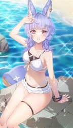 Rule 34 | 1girl, beach, blue hair, earclip, erune, granblue fantasy, hat, highres, jiman, long hair, looking at viewer, red eyes, sitting, skindentation, solo, straw hat, sun hat, thighs, tight clothes, tikoh, tikoh (summer)