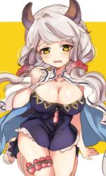 Rule 34 | 10s, 1girl, bad id, bad pixiv id, breasts, draph, granblue fantasy, guru (nicocco), horns, kumuyu, large breasts, long hair, looking at viewer, low twintails, silver hair, sketch, solo, twintails, wavy mouth, yellow eyes