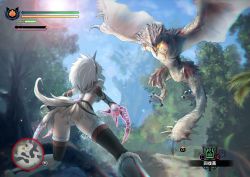 Rule 34 | 1girl, ass, battle, blue sky, blurry, boots, claws, crop top, day, depth of field, dragon, flying wyvern, from behind, game console, gameplay mechanics, highres, horns, kirin (armor), monster hunter, monster hunter: world, monster hunter (series), panties, rathalos, skirt, sky, strapless, tail, teraguchi, thigh boots, thighhighs, tree, underwear, upskirt, vambraces, white hair