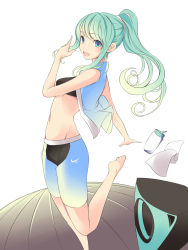 Rule 34 | 1girl, absurdres, aqua eyes, aqua hair, bad id, bad pixiv id, barefoot, faefaea, highres, long hair, looking at viewer, midriff, navel, original, ponytail, simple background, solo, white background