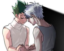 Rule 34 | 2boys, 7hwlfkf, aged up, closed eyes, gon freecss, green hair, heads together, highres, holding hands, hunter x hunter, killua zoldyck, male focus, multiple boys, shadow, shirt, short hair, simple background, sleeveless, spiked hair, turtleneck, white background, white hair, white shirt