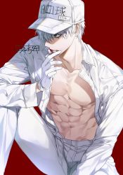 Rule 34 | 10s, 1boy, abs, artist name, baseball cap, black eyes, blood, clothes writing, collarbone, collared shirt, finger to mouth, gloves, hair over one eye, hat, hataraku saibou, male focus, open clothes, open shirt, pants, red background, shirt, topless male, sitting, solo, sukja, uniform, white blood cell (hataraku saibou), white gloves, white hair, white pants, white shirt