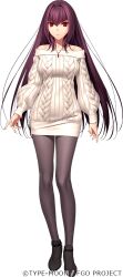 Rule 34 | 1girl, bare shoulders, black leggings, breasts, fate/grand order, fate (series), full body, koyama hirokazu, large breasts, leggings, long hair, long sleeves, looking at viewer, official art, purple hair, red eyes, scathach (fate), solo, sweater, white sweater