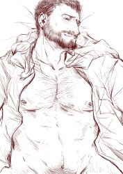 Rule 34 | 1boy, abs, alternate body hair, bara, bare pectorals, beard, bottomless, bulge, character request, check character, chest hair, facial hair, glaz (rainbow six siege), hairy, head tilt, large pectorals, leg hair, looking at viewer, lying, male focus, mature male, muscular, muscular male, naked shirt, navel, navel hair, nipples, on back, open clothes, open shirt, out-of-frame censoring, pectorals, pov, pubic hair, pubic hair peek, rainbow six siege, saury dog, shirt, short hair, sideburns, sketch, smile, solo, stomach, thighs