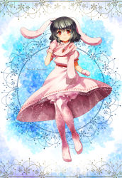 Rule 34 | 1girl, animal ears, black hair, bloomers, carrot, carrot necklace, character name, dress, inaba tewi, jewelry, looking at viewer, mittens, necklace, pendant, pink dress, rabbit ears, red eyes, scarf, short hair, smile, snowflakes, solo, thighhighs, touhou, umigarasu (kitsune1963), underwear, winter clothes