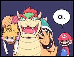 Rule 34 | 1girl, 2boys, :d, ayyk92, black border, black eyes, blonde hair, blue overalls, border, bowser, carrying, carrying over shoulder, carrying person, crown, dress, gloves, hand up, long hair, mario, mario (series), multiple boys, nintendo, open mouth, overalls, pink dress, princess peach, red hair, red headwear, red shirt, sharp teeth, shirt, smile, speech bubble, sweat, teeth, w, white gloves