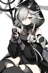 Rule 34 | 1girl, ahoge, arknights, closed mouth, crocodilian tail, detached sleeves, flower, freenote mr, gloves, goggles, goggles around neck, grey gloves, hair over one eye, highres, holding, holding staff, holding weapon, hood, hood up, partially fingerless gloves, pointy ears, short hair with long locks, sidelocks, simple background, sitting, solo, staff, tail, thighhighs, tomimi (arknights), torn clothes, torn thighhighs, weapon, white background, white flower