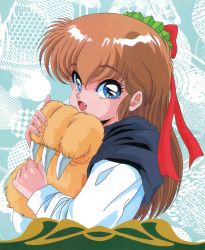 Rule 34 | 1990s (style), 1girl, blue eyes, bow, brown hair, claws, dragon knight (elf), dragon knight 2, fang, hair bow, long hair, long sleeves, non-web source, official art, open mouth, retro artstyle, solo, sugimoto takami, upper body