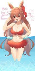 Rule 34 | 1girl, :d, animal ears, bare arms, bare shoulders, bikini, blush, breasts, brown hair, cleavage, collarbone, daiwa scarlet (umamusume), fang, frilled bikini, frills, hair between eyes, hair intakes, hand on own hip, hand up, happy birthday, highres, horse ears, large breasts, layered bikini, long hair, looking at viewer, navel, open mouth, red bikini, sarachi (sara dayluv), simple background, smile, solo, swimsuit, thigh gap, translation request, umamusume, very long hair, water, white background