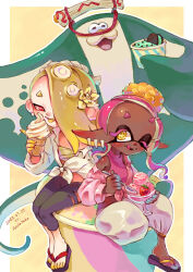 Rule 34 | + +, 1boy, 2girls, :d, :p, artist name, asymmetrical bangs, asymmetrical hair, baggy pants, bandages, big man (splatoon), black footwear, black pants, blonde hair, blush, border, closed mouth, collared shirt, colored eyelashes, colored skin, colored tongue, commentary, dark-skinned female, dark skin, dated, english commentary, eyelashes, fang, feet, flower, food, food-themed hair ornament, forehead, fruit, frye (splatoon), gradient hair, grey pants, hachimaki, hair flower, hair ornament, hair over one eye, hand up, headband, hokkamuri, holding, holding food, holding ice cream, holding spoon, ice cream, ice cream cone, ice cream cup, ice cream sandwich, inkling, licking lips, long sleeves, looking at viewer, manta ray, matchaneko, medium hair, mint chocolate, multicolored hair, multicolored skin, multiple girls, nejiri hachimaki, nintendo, octoling, one eye closed, one eye covered, open clothes, open mouth, open shirt, outline, outside border, pants, parted bangs, pink hair, pink shirt, pointy ears, purple hair, red eyes, sandals, sarashi, shirt, shiver (splatoon), short eyebrows, simple background, sleeveless, sleeveless shirt, sleeveless turtleneck, smile, soft serve, splatoon (series), splatoon 3, spoon, star-shaped pupils, star (symbol), strawberry, suction cups, symbol-shaped pupils, tentacle hair, tied shirt, toes, tongue, tongue out, tsurime, turtleneck, white border, white flower, white outline, white shirt, yellow background, yellow eyes, yellow skin, yellow tongue, zouri