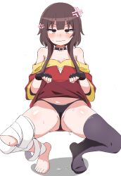 Rule 34 | 1girl, anger vein, bandaged leg, bandages, bare shoulders, black choker, black panties, black thighhighs, blank eyes, blush, breasts, brown hair, choker, closed mouth, clothes lift, dress, feet, full body, gluteal fold, groin, hatenamaru, highres, invisible chair, kono subarashii sekai ni shukufuku wo!, lifting own clothes, looking at viewer, megumin, off-shoulder dress, off shoulder, panties, red dress, red eyes, short hair with long locks, simple background, single thighhigh, sitting, skirt, skirt lift, small breasts, solo, spread legs, squatting, thighhighs, thighs, thong, underwear, v-shaped eyebrows, wavy mouth, wet, white background