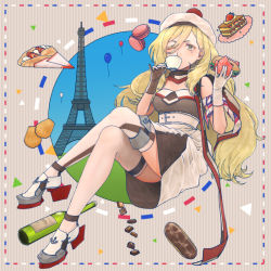 Rule 34 | 1girl, balloon, belt, beret, blonde hair, blue eyes, bottle, breasts, chocolate, commentary, crepe, cup, dress, eclair (food), eiffel tower, food, gloves, hachi (hachi hatch), hair between eyes, hat, kantai collection, long hair, macaron, mole, mole under eye, mole under mouth, multicolored clothes, multicolored dress, multicolored gloves, multicolored legwear, multicolored scarf, pom pom (clothes), richelieu (kancolle), rudder footwear, scarf, sitting, solo, strapless, strapless dress, teacup, wine bottle