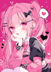 Rule 34 | 1girl, black bow, bow, chestnut mouth, commission, hair bow, hair ornament, hairclip, heart, highres, light up, open mouth, pink background, pink eyes, pink hair, skeb commission, spoken heart, suisei 1121, tobari koko, twintails, upper body, virtual youtuber, x hair ornament