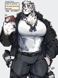 Rule 34 | 1boy, absurdres, alternate costume, animal ears, arknights, bara, bespectacled, black jacket, book, cowboy shot, dialogue box, dialogue options, english text, furry, furry male, glasses, graysheartart, highres, holding, holding book, huge pectorals, jacket, large hands, looking at viewer, male focus, mountain (arknights), muscular, muscular male, pants, scar, scar across eye, short hair, solo, standing, thick eyebrows, thick thighs, thighs, tiger boy, tiger ears, v-taper, white hair