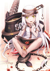 Rule 34 | 1girl, :d, abyssal ship, apple, artist name, barefoot, between toes, black skirt, chain, cherry, crane (machine), fangs, feet, fingernails, food, holding with feet, fruit, full body, hand on own chin, honey, long hair, looking at viewer, machinery, mtyy, nail polish, no panties, no pussy, open mouth, shirt, signature, sitting, skirt, skirt basket, sleeveless, smile, soles, solo, supply ship upsilon class, toes, tongue, very long hair, warship girls r, white hair, white shirt, yellow eyes
