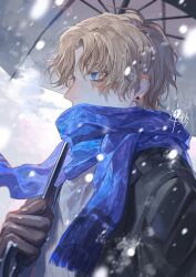 Rule 34 | 1boy, absurdres, blonde hair, earrings, from side, gloves, highres, jewelry, male focus, one piece, sabo (one piece), scar, scar across eye, scarf, short hair, snowing, solo, sqloveraven, umbrella, upper body