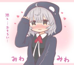 Rule 34 | 1girl, ahoge, arm at side, arm up, black dress, black jacket, blue hoodie, blunt bangs, blush, collared dress, cosplay, cowlick, cropped jacket, cross tie, daito academy school uniform, dot nose, dress, eyes visible through hair, grey hair, hair between eyes, hair over eyes, hand on own face, heart, hood, hood up, hoodie, jacket, kazari jun, kazari jun (cosplay), looking at viewer, magia record: mahou shoujo madoka magica gaiden, mahou shoujo madoka magica, miwa mitsune, necktie, orange eyes, parted lips, pink background, red necktie, reverse (bluefencer), school uniform, short hair, sleeves past wrists, solo, star (symbol), upper body