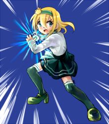 Rule 34 | 147, 1girl, blonde hair, blue eyes, crown, green thighhighs, hairband, high heels, inazuma eleven (series), inazuma eleven go, long hair, mini crown, nakame shiori, open mouth, simple background, skirt, solo, thighhighs, zettai ryouiki