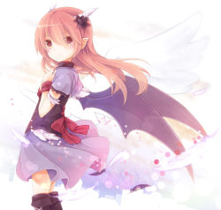Rule 34 | 1girl, bad id, bad pixiv id, black thighhighs, blouse, blurry, bokeh, boots, circle, depth of field, dress, feathers, flower, hair flower, hair ornament, original, pointy ears, purple shirt, red eyes, red hair, ribbon, shirt, skirt, solo, thighhighs, white background, wings, yonema