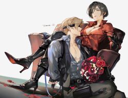Rule 34 | 1boy, 1girl, ada wong, arms behind back, black blindfold, black gloves, black hair, blindfold, blonde hair, blue shirt, boots, bound, bound arms, bouquet, breasts, brown eyes, chest harness, cleavage, collarbone, commentary, crossed legs, e (h798602056), english commentary, fingerless gloves, flower, gloves, hair between eyes, harness, high heel boots, high heels, highres, holding riding crop, jewelry, leon s. kennedy, medium breasts, necklace, on chair, open clothes, open shirt, pants, petals, red flower, red lips, red rose, red shirt, resident evil, resident evil 6, riding crop, rose, shiny clothes, shirt, short hair, signature, sitting, thigh strap, twitter username