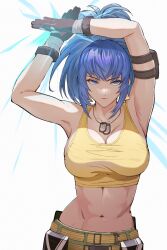 Rule 34 | 1girl, armlet, armpits, arms up, bare shoulders, belt, black gloves, blue eyes, blue sky, breasts, cleavage, closed mouth, commentary request, crop top, dog tags, gloves, highres, large breasts, leona heidern, midriff, navel, pocket, shan laotou, simple background, sky, sleeveless, solo, stomach, tank top, the king of fighters, the king of fighters xv, upper body, white background, yellow belt, yellow tank top