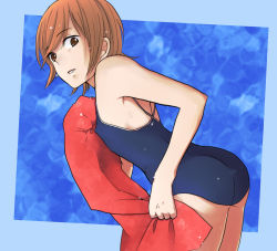 Rule 34 | 00s, 1boy, ass, brown eyes, brown hair, crossdressing, covered erect nipples, highres, mako-chan (minami-ke), makoto (minami-ke), male focus, minami-ke, nayuu, one-piece swimsuit, school swimsuit, short hair, solo, swimsuit, towel, trap