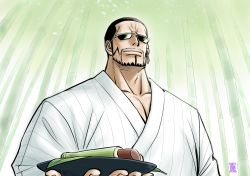 Rule 34 | 1boy, alternate costume, bamboo, bamboo forest, beard, black hair, earrings, facial hair, food, food on face, forest, holding, japanese clothes, jewelry, kimono, kokorozashi, male focus, nature, one piece, pectorals, plate, short hair, solo, sunglasses, upper body, vergo, white kimono