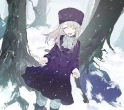 Rule 34 | 1girl, ^ ^, blush, child, closed eyes, coat, coat dress, commentary, fate/stay night, fate/zero, fate (series), feet out of frame, hat, heaven&#039;s feel, highres, illyasviel von einzbern, laver (1090792977), long hair, looking at viewer, open mouth, pants, purple coat, purple footwear, purple hat, scarf, smile, snow, snowing, solo, tree, white hair, white pants