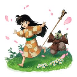 Rule 34 | 1boy, 1girl, barefoot, brown hair, cherry blossoms, crossover, demon, flower, grass, happy, inuyasha, jaken, japanese clothes, kimono, long hair, non-web source, official art, othellonia, outstretched arms, rin (inuyasha), running, spread arms, staff, transparent background, very long hair