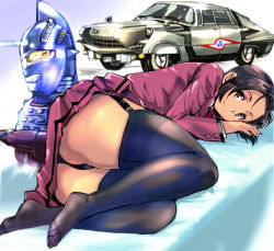 Rule 34 | 1girl, ass, black panties, black thighhighs, breasts, brown eyes, brown hair, car, character request, closed mouth, commentary request, copyright request, energy, energy beam, garter straps, jacket, kamisimo 90, long sleeves, lying, mecha, motor vehicle, necktie, on side, original, panties, red jacket, red necktie, red skirt, robot, shirt, skirt, smile, thighhighs, thighs, ultraseven, ultraseven (series), underwear, uniform, white shirt