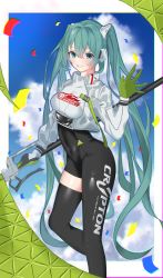 Rule 34 | 1girl, absurdres, aqua eyes, aqua hair, black bodysuit, bodysuit, boots, braid, breasts, confetti, covered navel, cropped jacket, feet out of frame, flag, gloves, green gloves, grin, hand up, hatsune miku, highres, holding, holding flag, jacket, long hair, long sleeves, looking at viewer, racing miku, racing miku (2022), single thigh boot, small breasts, smile, solo, thigh boots, twin braids, very long hair, vocaloid, waving, white jacket, yoshitaka (eriri takadess)