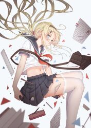 Rule 34 | 1girl, black hairband, black skirt, blonde hair, blue eyes, blue sailor collar, blurry, blush, closed eyes, commentary request, depth of field, feet out of frame, floating, floating hair, hairband, highres, long hair, looking at viewer, midriff peek, navel, neckerchief, original, paper, pleated skirt, red neckerchief, ruler, sailor collar, school uniform, serafuku, short sleeves, skirt, skirt tug, solo, thighhighs, white thighhighs, xiangmaofaqijuedou