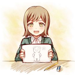 Rule 34 | 1boy, :d, bad id, bad twitter id, bear, blush, brown eyes, brown hair, collared shirt, commentary request, danganronpa (series), danganronpa 3 (anime), drawing, formal, holding, jacket, long sleeves, looking at viewer, male focus, meipoi, mitarai ryota, musical note, open mouth, pen, shirt, short hair, smile, solo, spoken musical note, upper body, white shirt