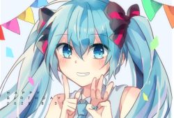 Rule 34 | 1girl, bad id, bad pixiv id, bare shoulders, black bow, blue eyes, blue hair, blue nails, blue necktie, blush, bow, collared shirt, commentary, dated, grey shirt, grin, hair between eyes, hair bow, hands up, happy birthday, hatsune miku, looking at viewer, nail polish, necktie, pennant, shirt, sleeveless, sleeveless shirt, smile, solo, string of flags, striped, striped bow, twintails, vocaloid, yuruno