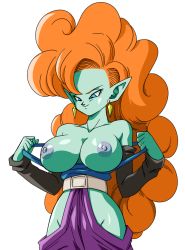Rule 34 | 1girl, artist name, bare shoulders, blue eyes, breasts, colored skin, dragon ball, dragonball z, green skin, large breasts, long hair, nipples, no panties, orange hair, pointy ears, simple background, smile, solo, source request, very long hair, white background, yamamoto doujin, zangya
