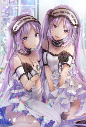 Rule 34 | 2girls, akatsuki hijiri, bare shoulders, blush, breasts, choker, commentary request, dress, euryale (fate), fate/grand order, fate/hollow ataraxia, fate (series), frilled dress, frills, hairband, hand on own chest, head tilt, headdress, highres, jewelry, lolita hairband, long hair, looking at viewer, multiple girls, open mouth, parted bangs, purple eyes, purple hair, revision, ribbon, siblings, sisters, sitting, smile, stheno (fate), strapless, twins, twintails, very long hair, white dress