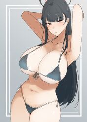 Rule 34 | 1girl, absurdres, alternate costume, armpits, arms up, bikini, black bikini, black hair, blue archive, breasts, cowboy shot, grey background, halo, highres, huge breasts, long hair, looking at viewer, navel, parted lips, presenting armpit, red eyes, rio (blue archive), side-tie bikini bottom, sideboob, solo, stomach, swimsuit, tatsu (user rjes8545), underboob, very long hair